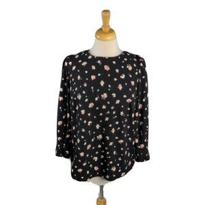 Melloday Womens Blouse 3/4 Puff Sleeve Floral Print Black Pink Size M NEW